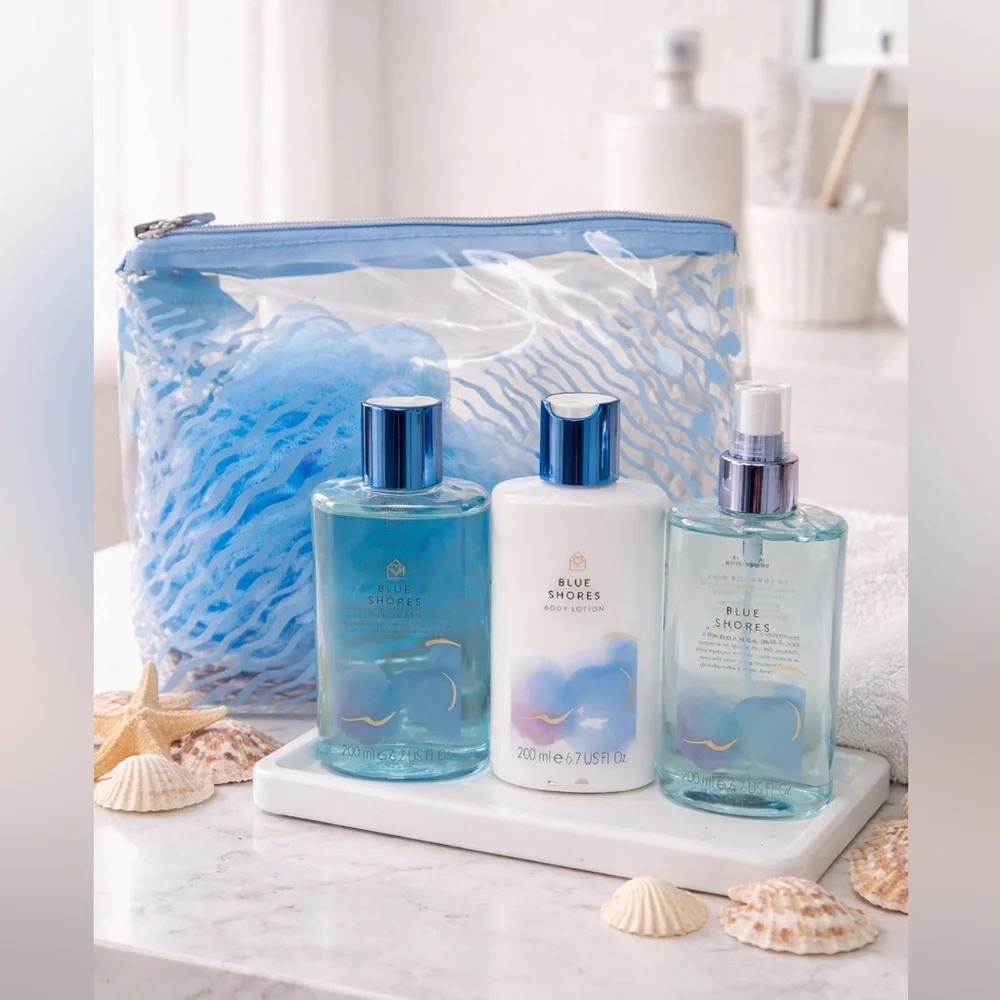 NWT Blue Shores Bath & Body Gift Set | Lotion, Mist, Body Wash, Loofah & Bag